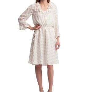 Tory Burch Jasmine Silk Blend Metallic Tie Waist Long Sleeve Dress in Ivory/Gold